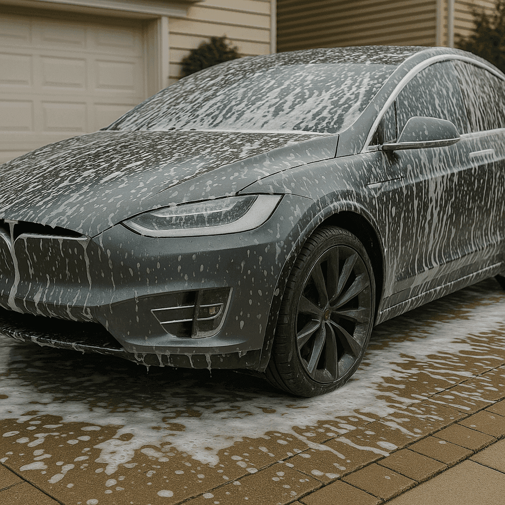 Tesla being washed by the Auto Gleam Details mobile team on location