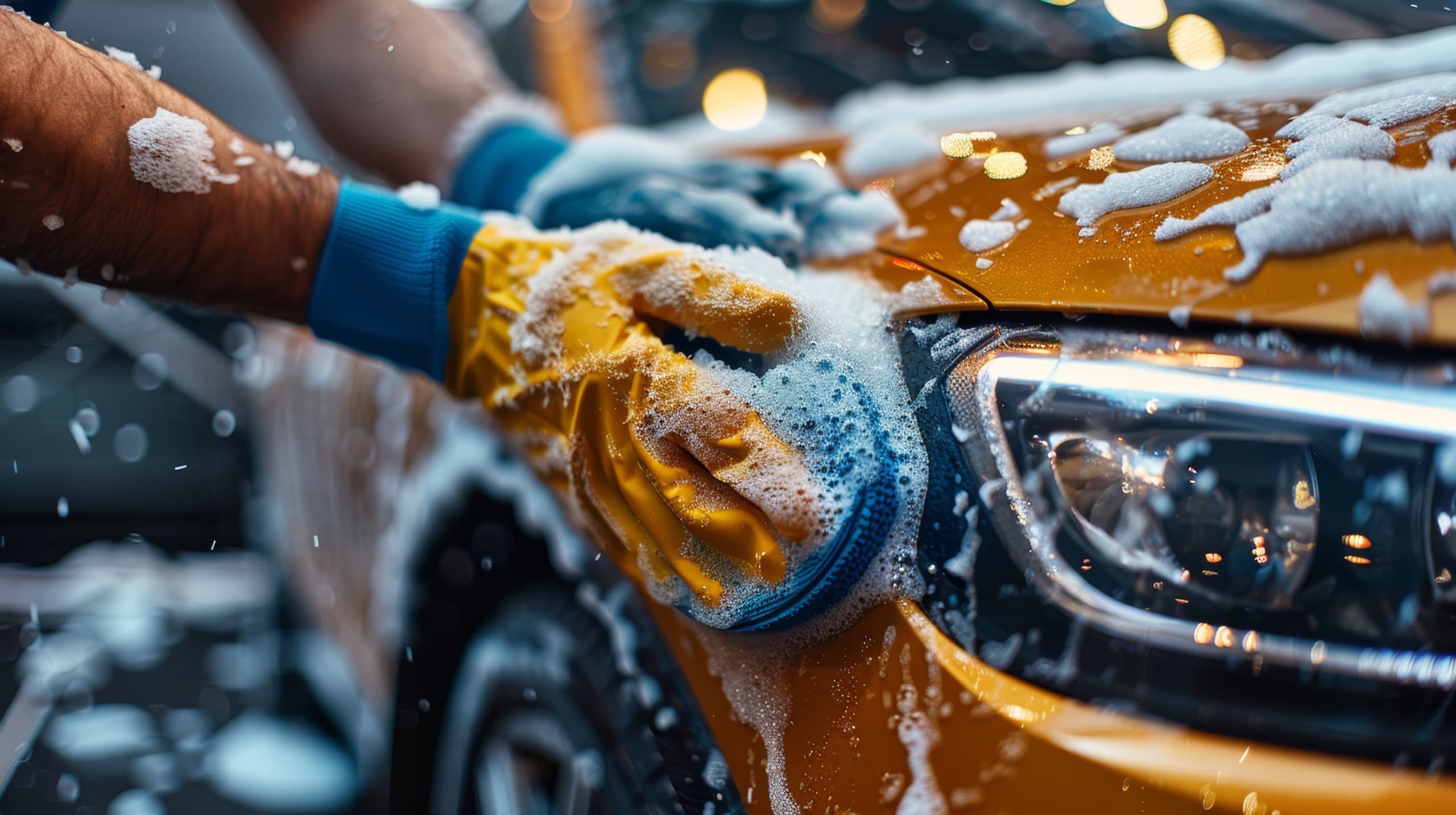 Detailer hand washing a car with foam and gloves during The Premier Detail full interior and exterior service